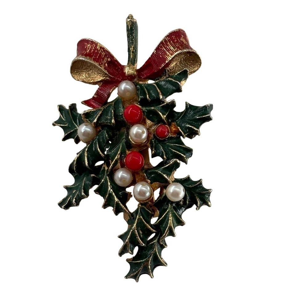 ROMA Holly Berry Brooch Green Enamel Red Berries Gold Tone Pin Pearls Vintage